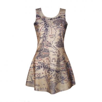 3d Printed Map Dress For Lady Sexy Dress Pleated..